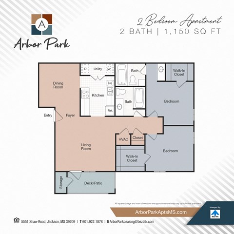 2 bed 2 bath floor plan at Arbor Park Apartments, Mississippi, 39209